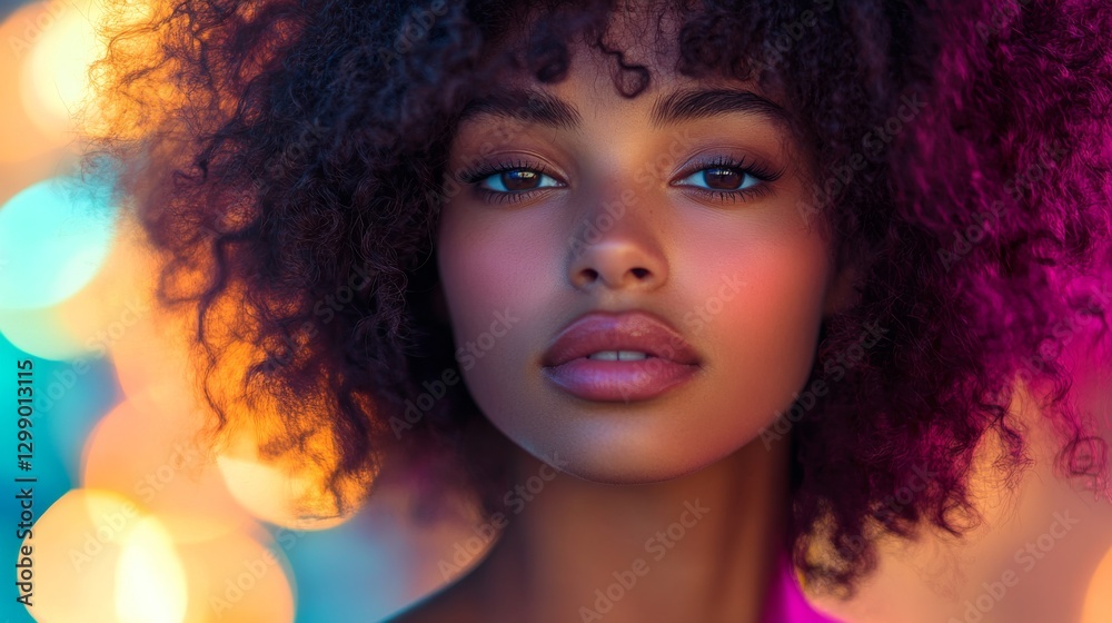 Fototapeta premium Captivating portrait of a young woman with curly hair in a vibrant, colorful setting during evening dusk