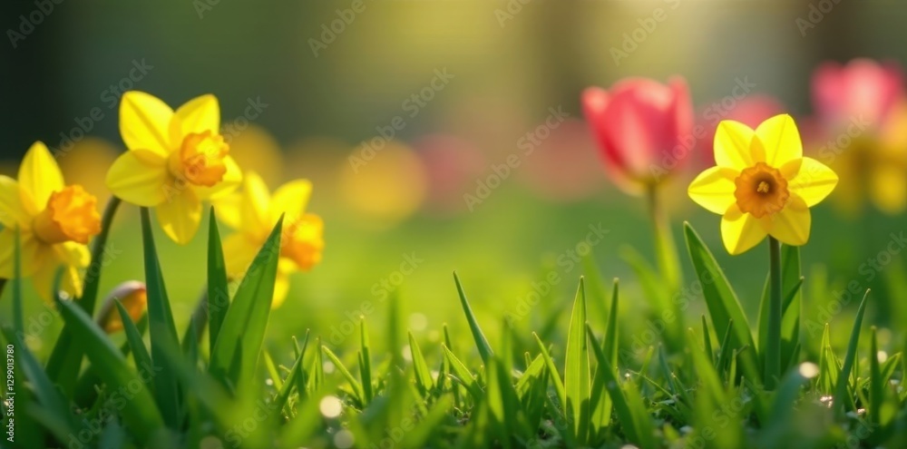 Delicate tulips and daffodils emerge from vibrant green grass , orange, leaves, field