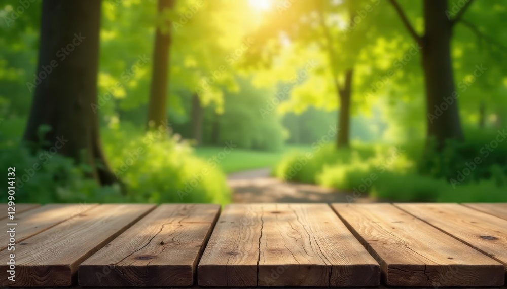 Rustic wooden table, blurred nature backdrop, cozy setting, trees, design Rustic wooden table, blurred nature backdrop, cozy setting, trees, design