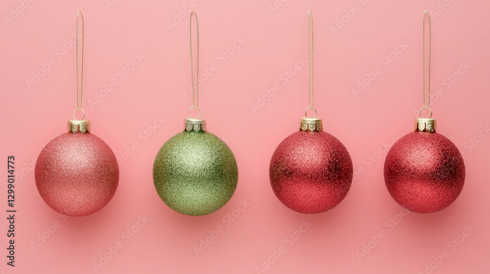 Shiny red and green Christmas ornaments hanging against pink background, creating festive and cheerful atmosphere for holiday season Shiny red and green Christmas ornaments hanging against pink background, creating festive and cheerful atmosphere for holiday season