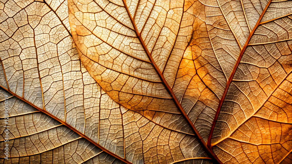 Obraz premium Close-up on Autumnal Elegance: A highly detailed macro shot showcases the intricate patterns and textures of a vibrant autumn leaf, revealing its delicate veins and earthy tones.