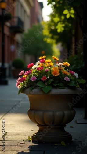 Wallpaper Mural Sunlit stone planter overflows with colorful flowers, Upper East Side , summer bloom, concrete, petals Torontodigital.ca