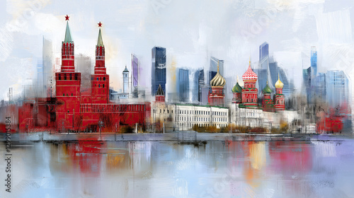 Colorful abstract moscow skyline with kremlin and st. basil's cathedral reflection
