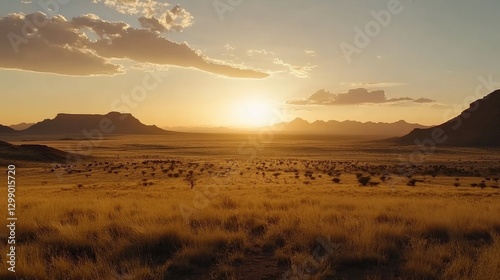 Golden Light Over Serengeti Grasslands at Sunset with Acacia Trees