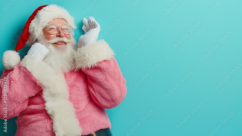 Obraz premium Cheerful Santa Claus in Pink Costume with Red Hat Posing Against Bright Blue Background