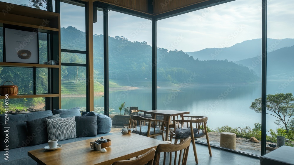 Obraz premium Lakeside cafe interior with mountain view