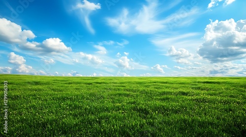 a green field with blue sky and clouds