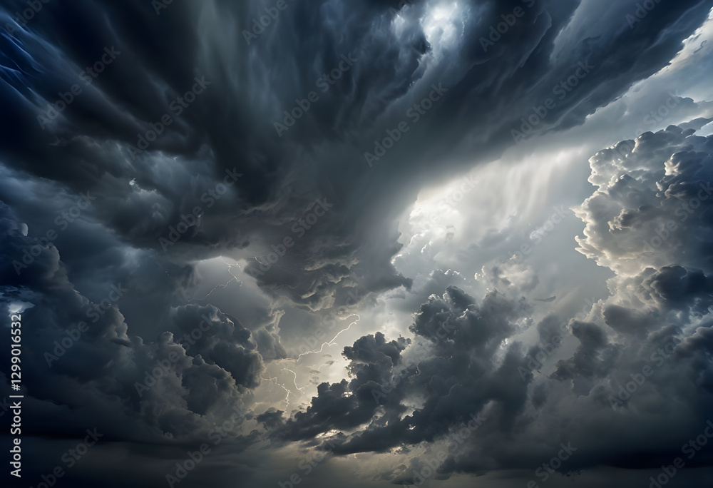 Obraz premium Blue sky with clouds, Dramatic Stormy Sky With Bright Sunlight Breakthrough