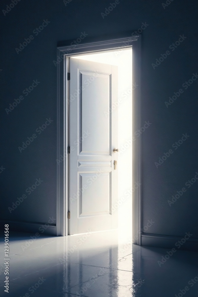 Gradual ascent into shining white door from dark space, glow, brighten Gradual ascent into shining white door from dark space, glow, brighten