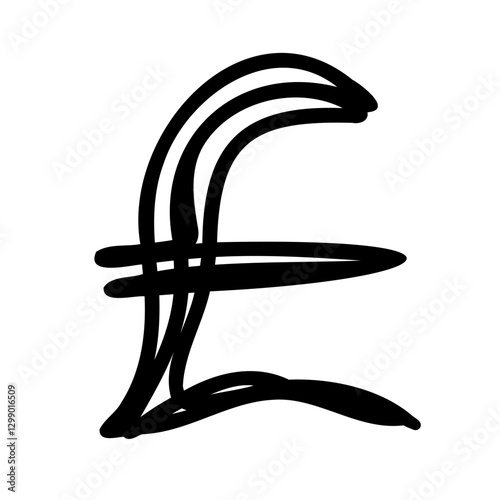 Handwritten pound sterling sign symbol in hand drawn style. Vector illustration isolated on white background. For typography, font, shop, logo, alphabet, sales, signboard, education, branding.