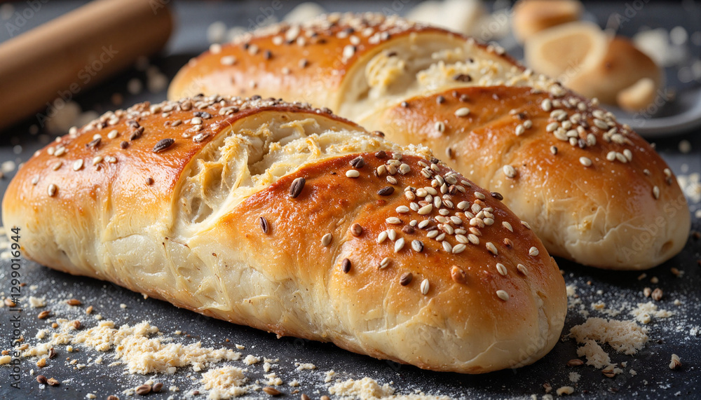 Challah bread sesame seed loaves on kitchen counter, Rosh Hashanah celebration Challah bread sesame seed loaves on kitchen counter, Rosh Hashanah celebration