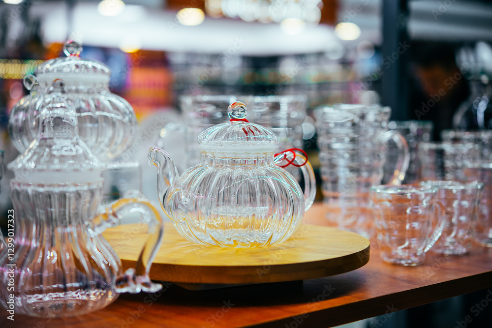 Different teapots and cups on sale for a restaurant of hotel business.