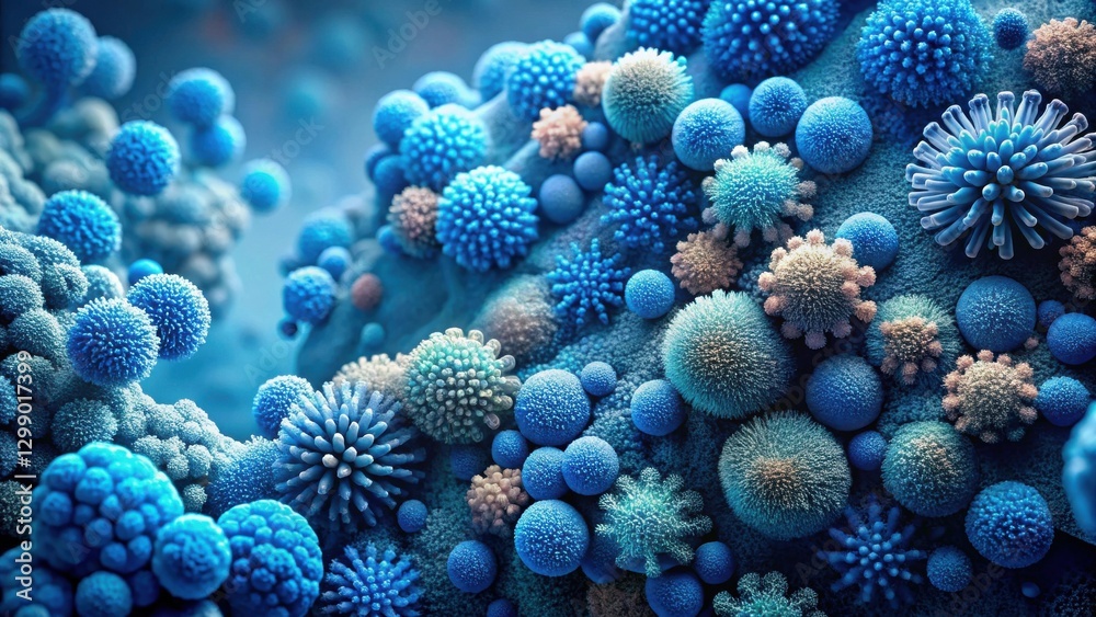 Fototapeta premium Microscopic Realm A Detailed Visualization of Diverse Cellular Structures with Intricate Surface Textures and Varied Forms in a Cool Color Palette