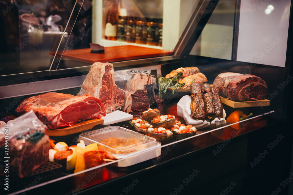 Different kinds of meat and sausages on sale at a local market or butchery.