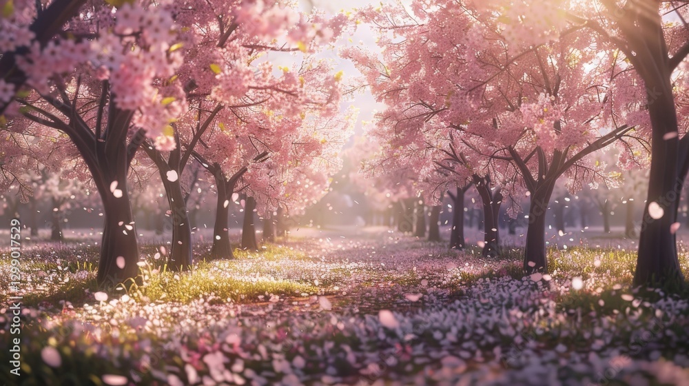 Naklejka premium Blooming cherry blossom trees in a park with