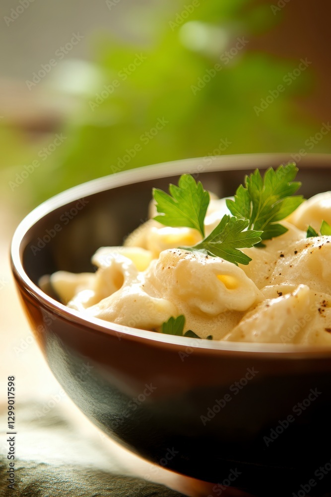 Creamy Pasta Dish with Parsley Garnish in Brown Bowl Creamy Pasta Dish with Parsley Garnish in Brown Bowl