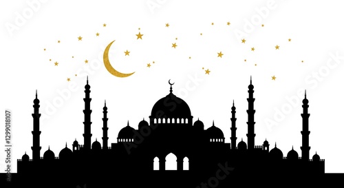 A silhouette of a mosque with golden stars and a glowing crescent moon, white background