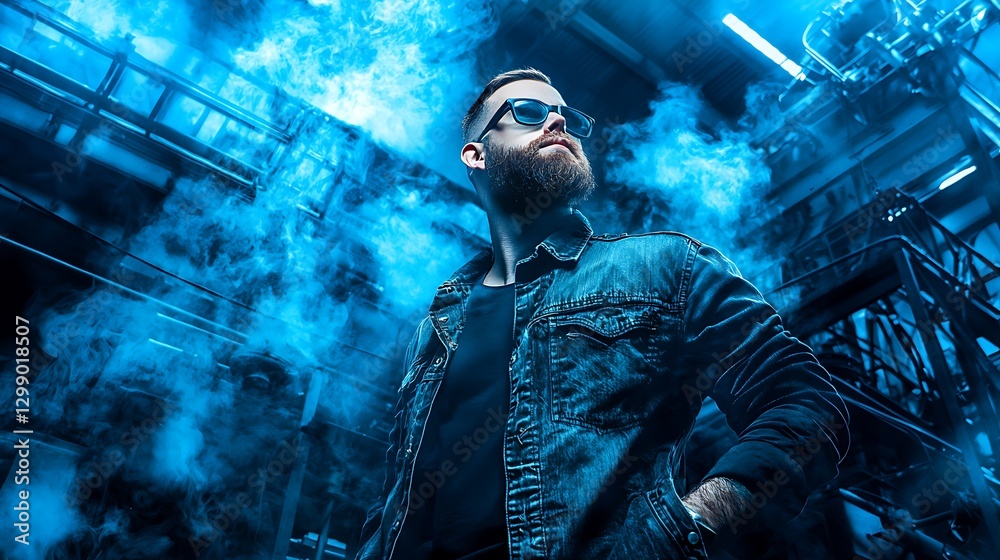 Obraz premium Stylish Man in Sunglasses with Beard Posing Dramatically Amidst Blue Smoke and Industrial Background