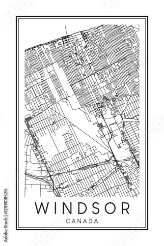 Printable downtown road map poster of the Canadian city of WINDSOR on solid white background with city name
