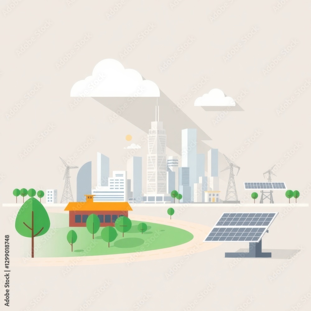 Naklejka premium Illustrative Cityscape with Sustainable Energy Sources and Residential Area