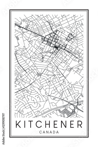 Printable downtown road map poster of the Canadian city of KITCHENER on solid white background with city name