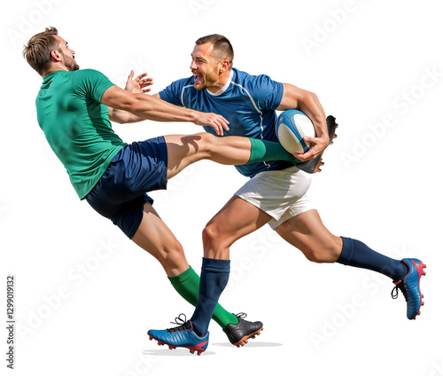 Intense rugby tackle as two players clash mid-game on isolated background