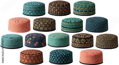 A collection of Eid prayer caps (taqiyah) in different colors and patterns, white background