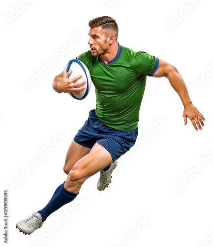 Agile rugby player in green jersey making a maneuver on isolated background photo