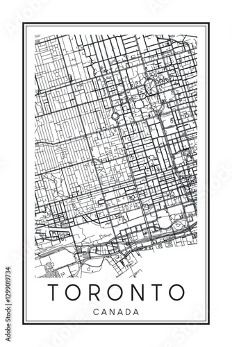 Printable downtown road map poster of the Canadian city of TORONTO on solid white background with city name