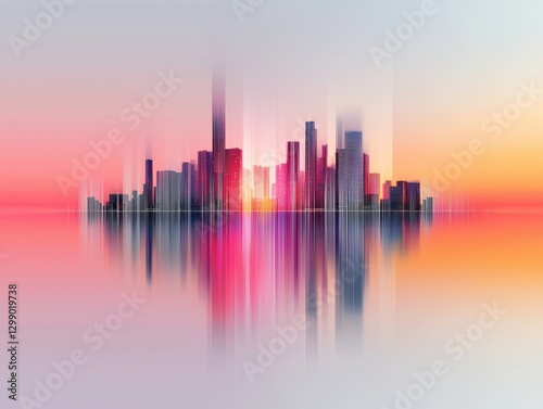 Glitched urban skyline dissolving into pixel shards and neon reflections, forming a cyber-surreal abstract cityscape