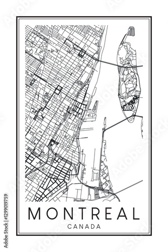 Printable downtown road map poster of the Canadian city of MONTREAL on solid white background with city name