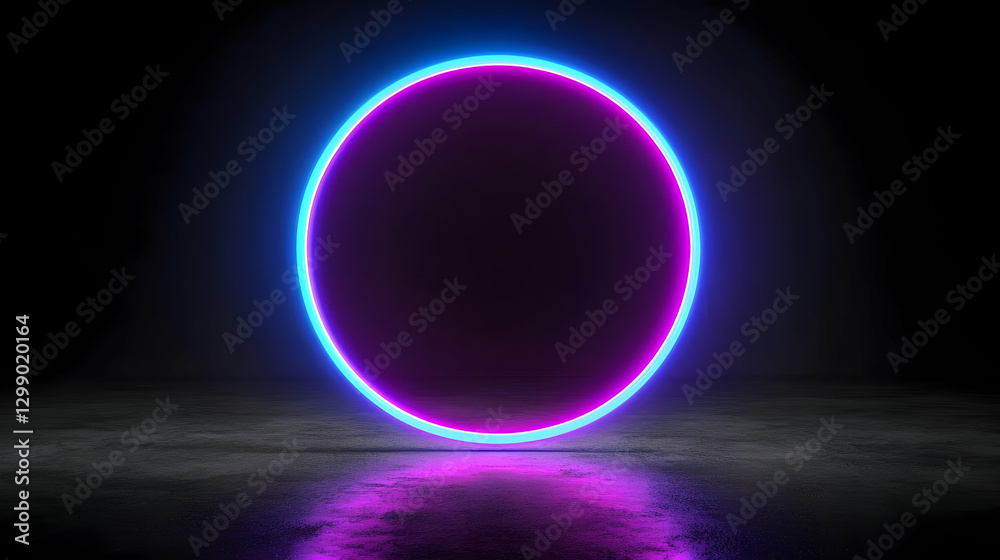 Obraz premium Neon Circle Displaying Blue And Purple Light Against Dark Backdrop With Concrete Surface