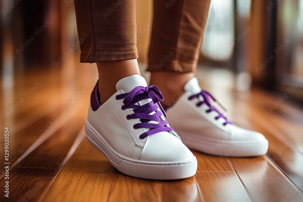 Close-up of white sneakers with purple details, worn by a woman in brown pants, on a wooden floor background. Stock photo, minimalist style. Close-up of white sneakers with purple details, worn by a woman in brown pants, on a wooden floor background. Stock photo, minimalist style.