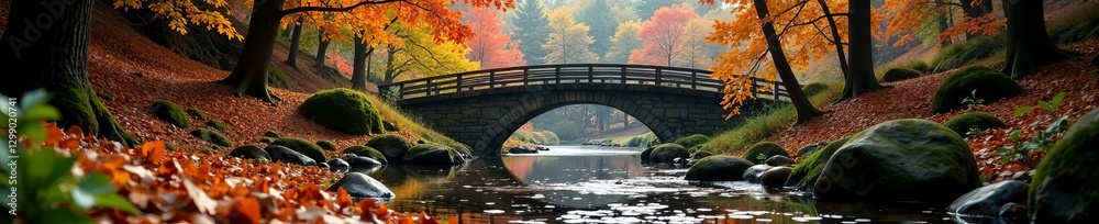 Fototapeta premium Beautiful fall scenery with bridge over tranquil stream, peaceful, bridge