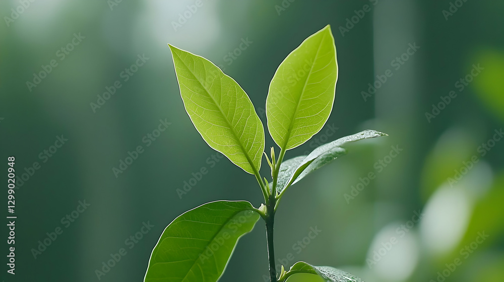 Close Up Of Vibrant Green Leaf Sprig With Water Droplets On Blurred Background With Morning Light Close Up Of Vibrant Green Leaf Sprig With Water Droplets On Blurred Background With Morning Light