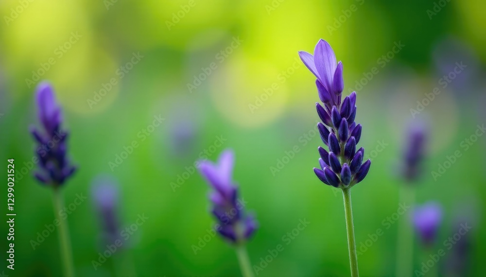 Obraz premium Single isolated lavender bloom in a lush green environment, green, lavender, single