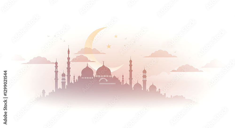 Obraz premium A peaceful illustration of a crescent moon and mosque at dawn, white background