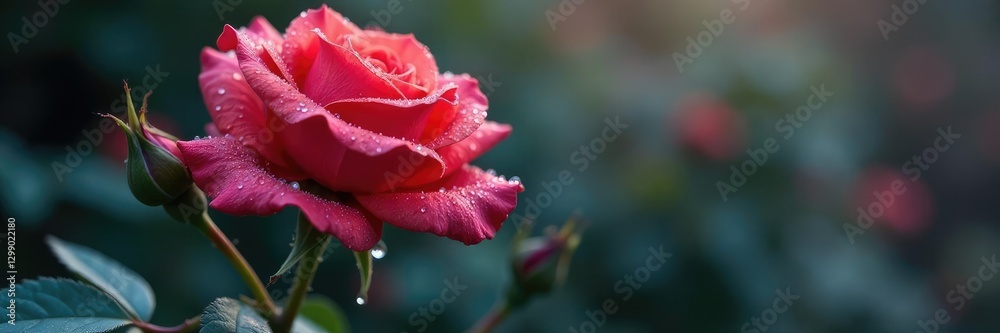 Dew drops cling to the intricate details of a rose flower in early morning dew, intro, winter