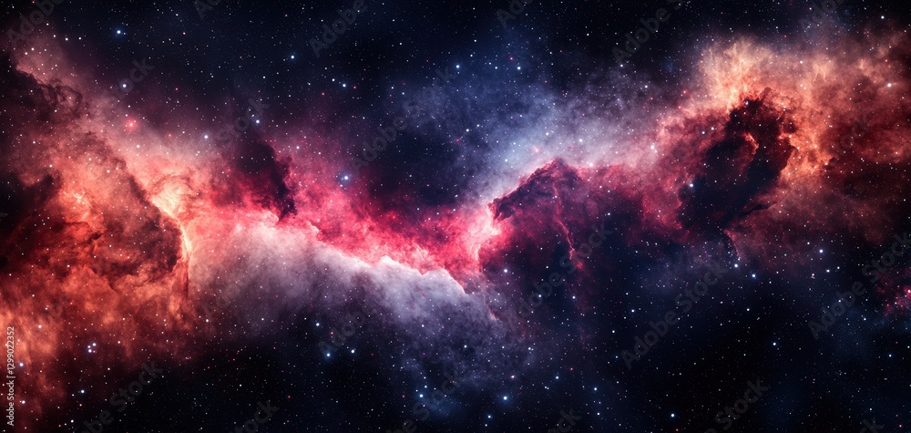 Fototapeta premium Radiant cosmic energy flows through swirling galaxies and interstellar clouds, creating an abstract tapestry of vibrant universal mystery