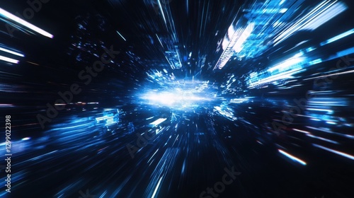 Abstract futuristic digital technology background featuring high-speed blue light lines and glowing effects. The dynamic design represents data transfer and high-tech innovation in motion, resembling
