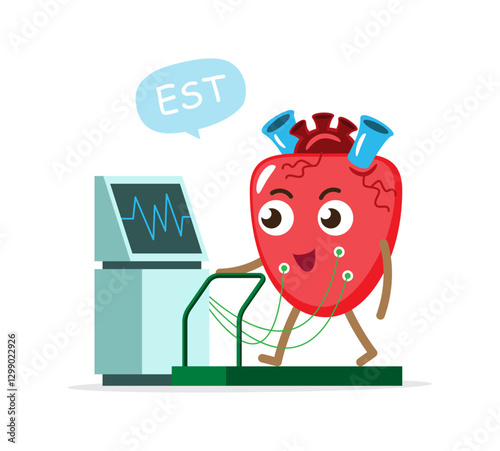Heart and Exercise Stress Test machine . Cartoon character . Vector .
