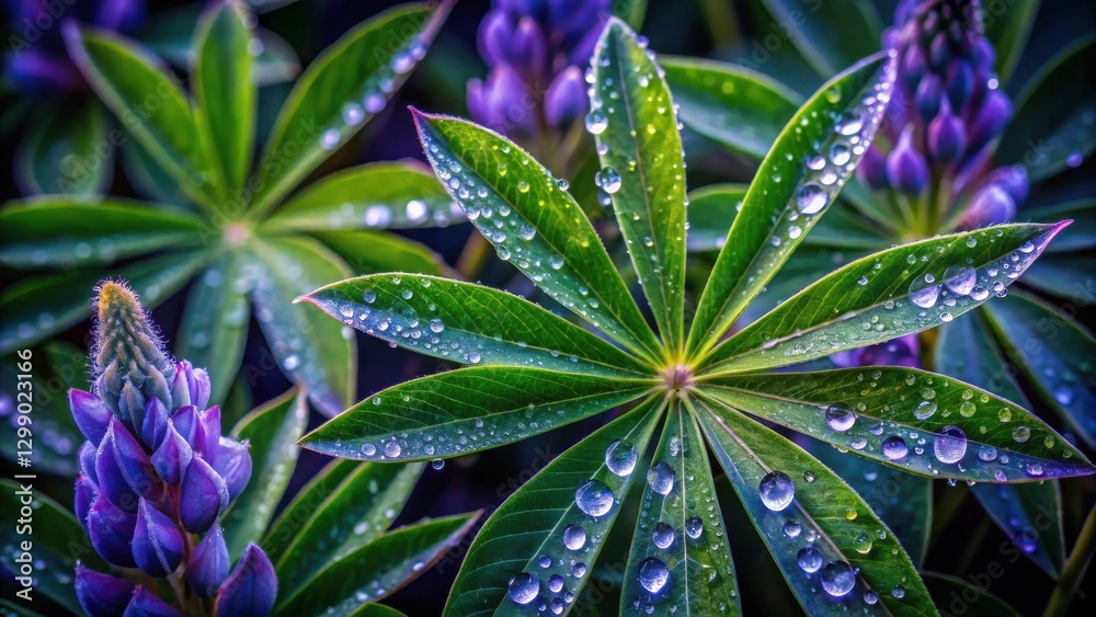 Obraz premium Close-up view of dew-kissed lupine leaves and buds, vibrant green foliage with glistening water droplets, showcasing the intricate details of nature's artistry