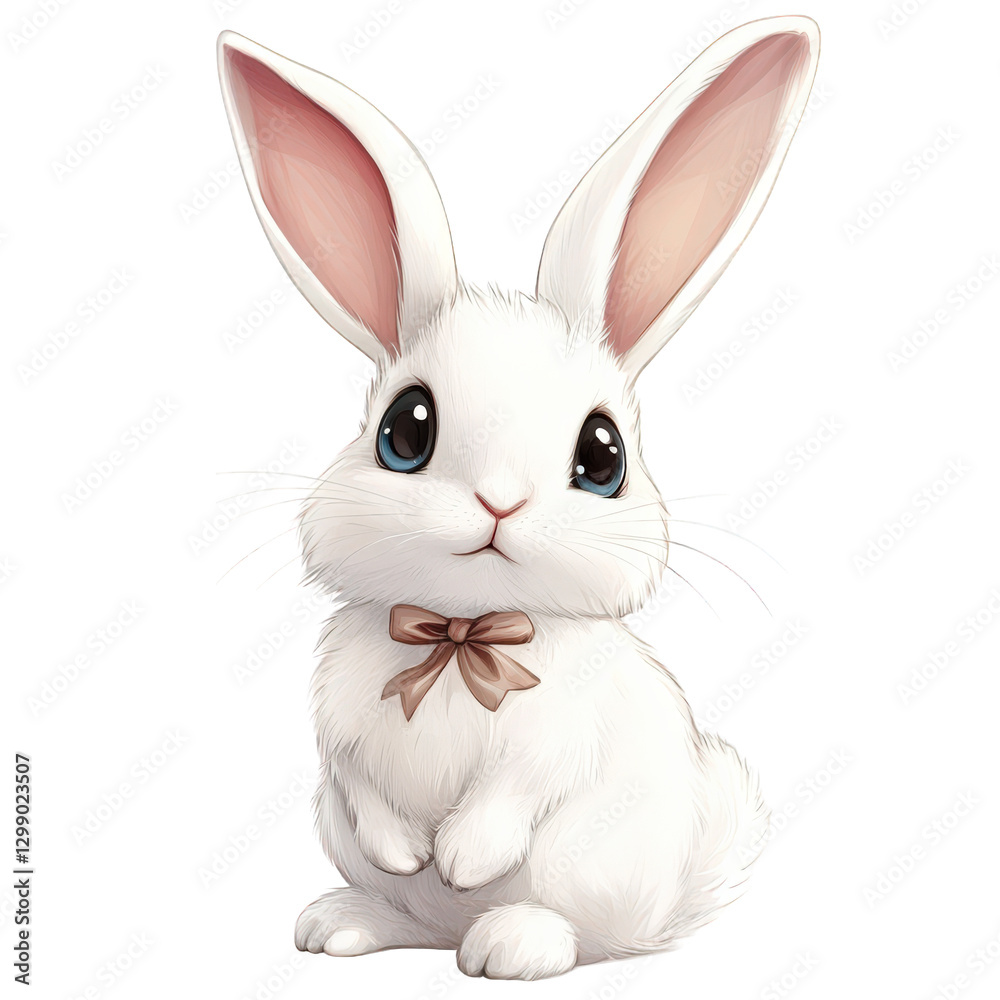 Obraz premium Cute white rabbit with oversized ears and tiny bow, sitting adorably. This charming character embodies playful and whimsical spirit, perfect for various creative projects