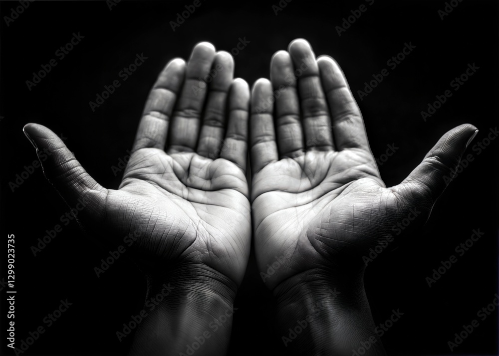 A grayscale close-up of two open hands, palms upward. A grayscale close-up of two open hands, palms upward.