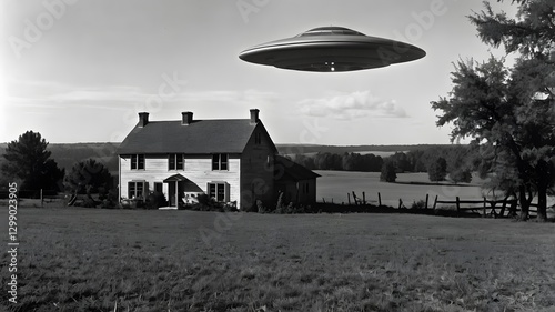 A grainy black-and-white photograph from the 1940s captures a mysterious flying saucer hovering over a secluded farmhouse. The eerie, retro aesthetic evokes classic UFO conspiracy theories