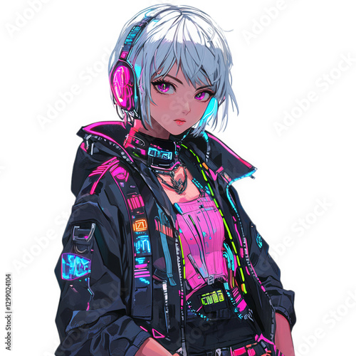 Anime girl with short silver hair, dressed in cyberpunk style, featuring neon accents and headphones, exuding cool and confident vibe