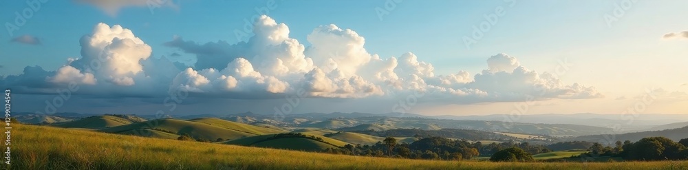 Stunning cloudscape over rolling hills and fields, green, perspective, space Stunning cloudscape over rolling hills and fields, green, perspective, space