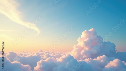 Soft blue sky with wispy cirrus clouds glowing warm yellow, blue, illumination