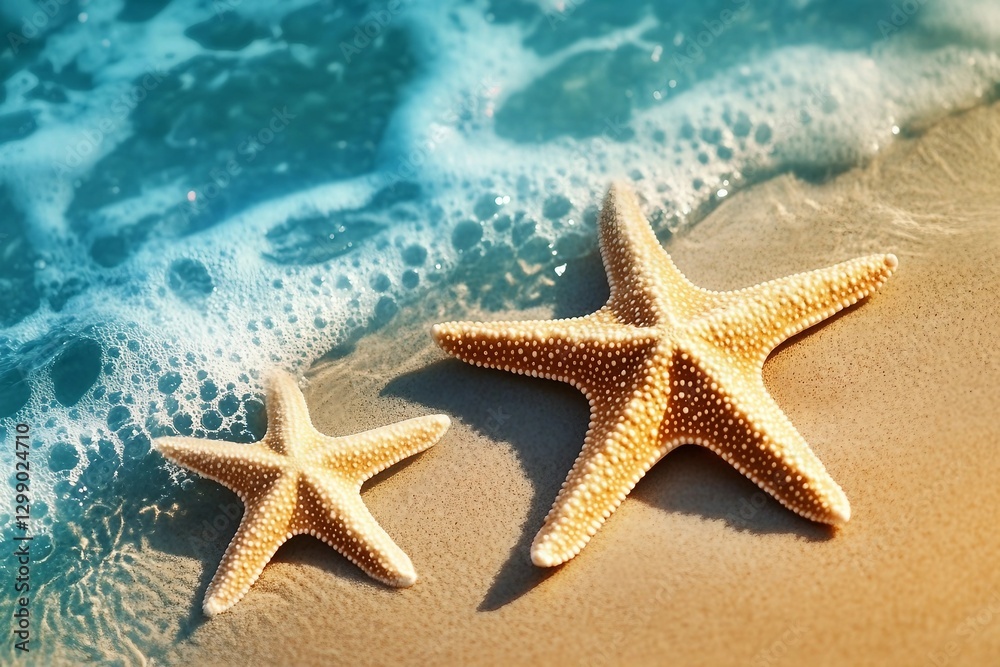 Starfish on the summer beach in sea water. Summer background. Summer time. Starfish on the summer beach in sea water. Summer background. Summer time.