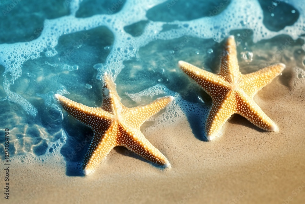 Starfish on the summer beach in sea water. Summer background. Summer time. Starfish on the summer beach in sea water. Summer background. Summer time.